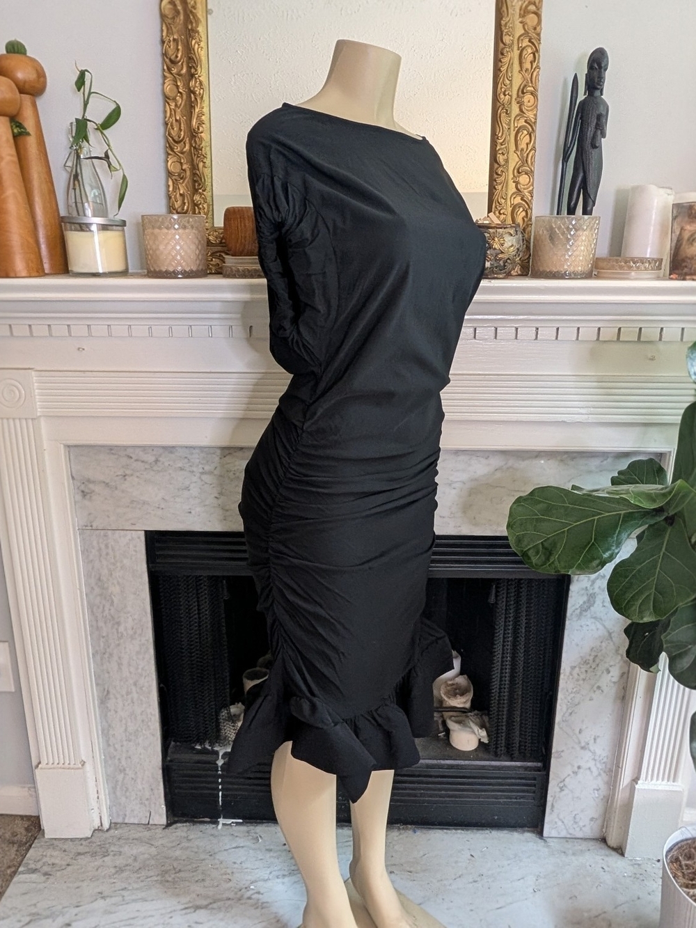 INA Black Ruched Stretch Midi Dress Size Large Ruffle Hem Bandeau Neck Stretch - Picture 4 of 7
